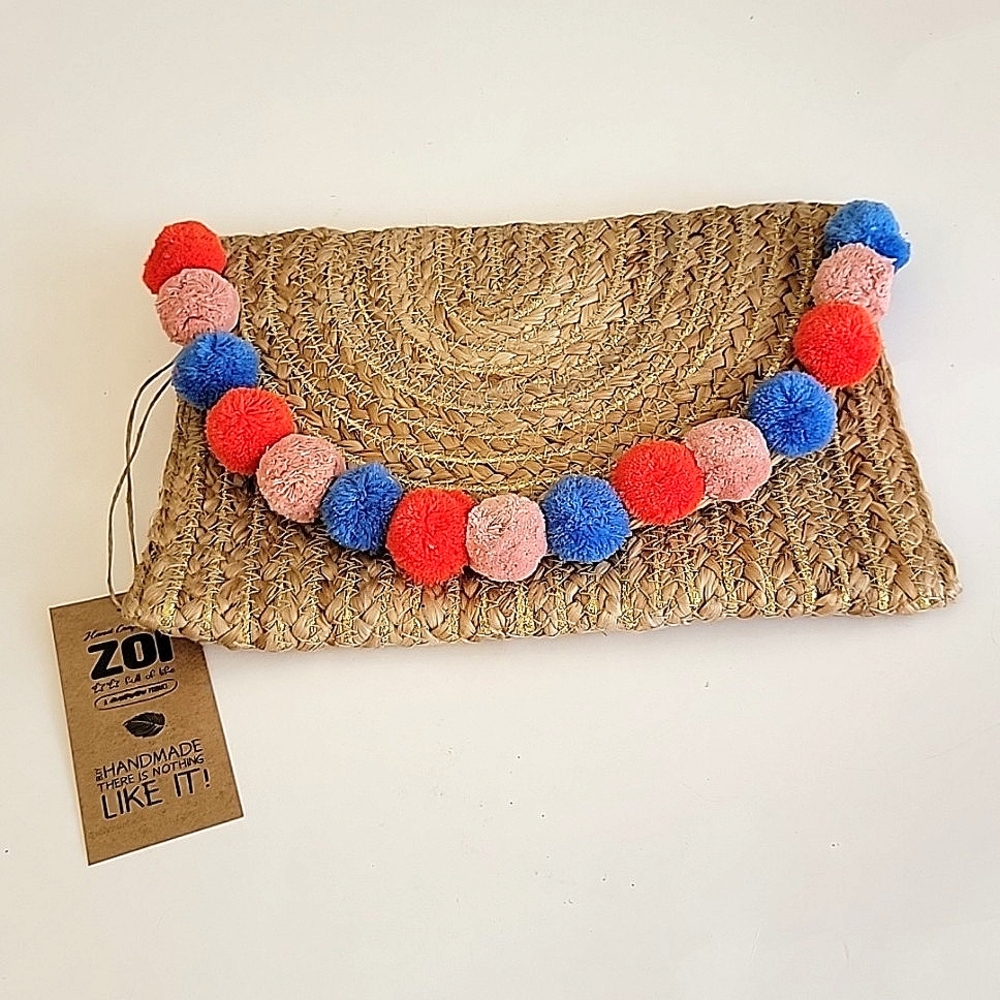 ZOI HANDCRAFTED JUTE SUMMER CLUTCH BAG WITH POM POMS